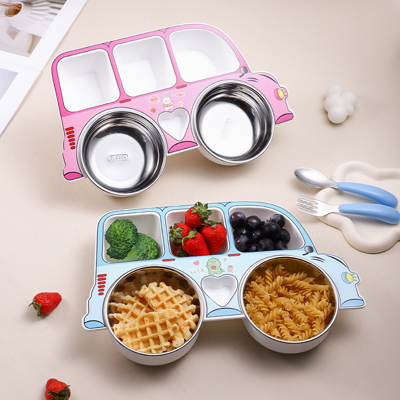 304 Stainless Steel Children's Food Supplemented Tableware Cute Children's Car Separated Dinner Plate Six-compartment Baby Food Grade Dinner Plate