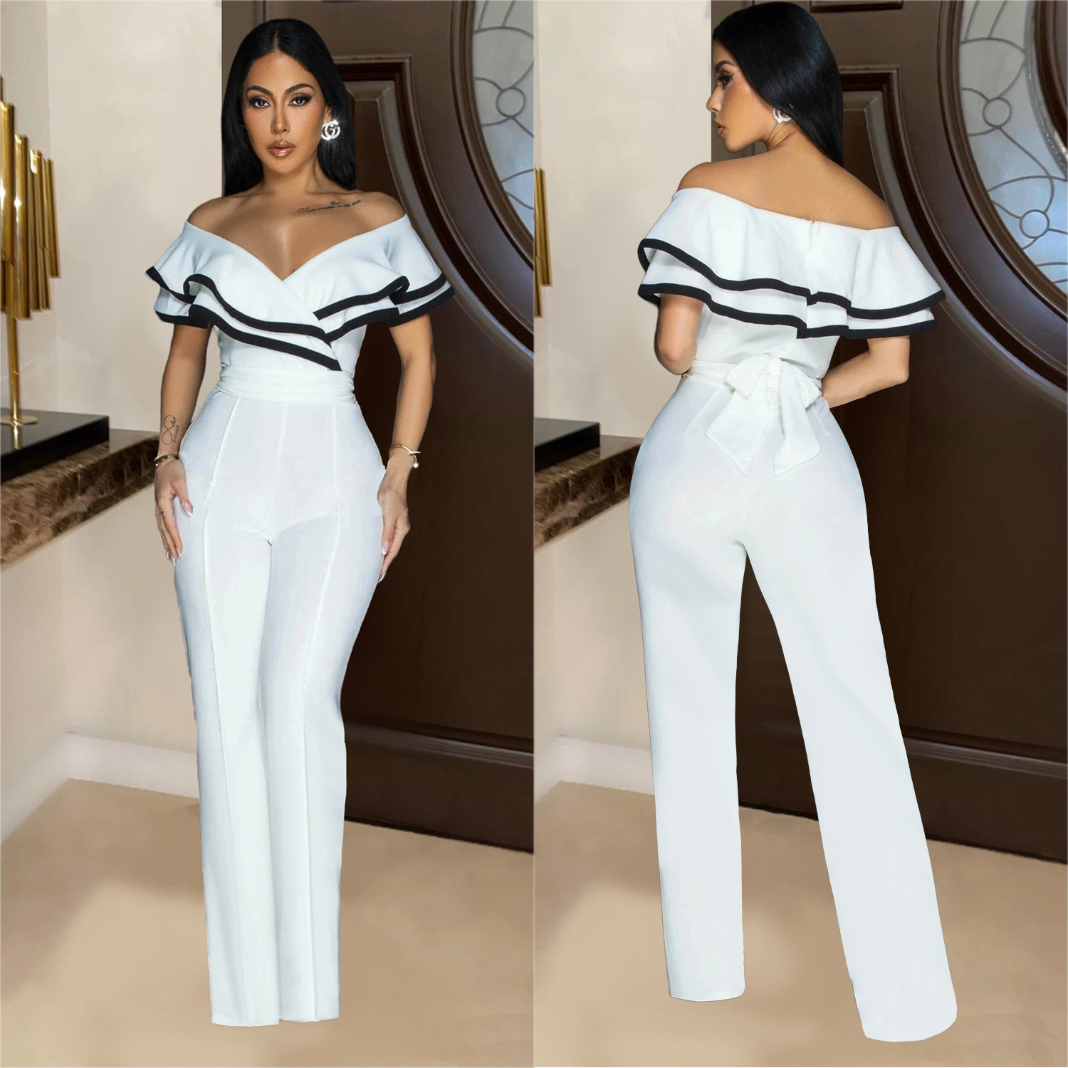 C7052 Cross-border AliExpress Amazon Estación independiente Moda europea y americana Mono sin mangas en V profundo de las mujeres Color sólido Nuevo image 5