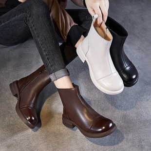 French Style Short Boots Women's Autumn and Winter 2024 New Leather Chelsea Boots Thick Bottom Fashionable Thin Boots Naked Boots