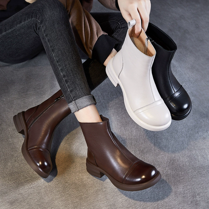 Французские короткие сапоги женские осень-зима 2024 новые кожаные сапоги челси толстые подошвы модные тощие сапоги голые сапоги