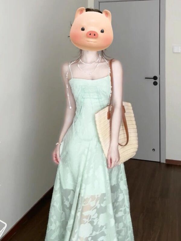 Seaside Resort Style Green Suspender Dress for Women Summer Elegant Mesh Stitching Waist Slimming Look A-Line Skirt Long Skirt Seaside Resort Style Green Suspender Dress for Women Summer Elegant Mesh Stitching Waist Slimming Look A-Line Skirt Long Skirt