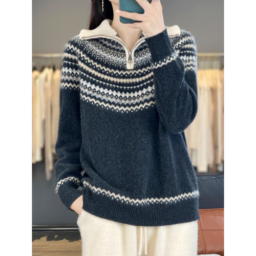 Retro jacquard cardigan women's autumn and winter new age-reducing zipper cashmere sweater Fairisland lapel warm sweater