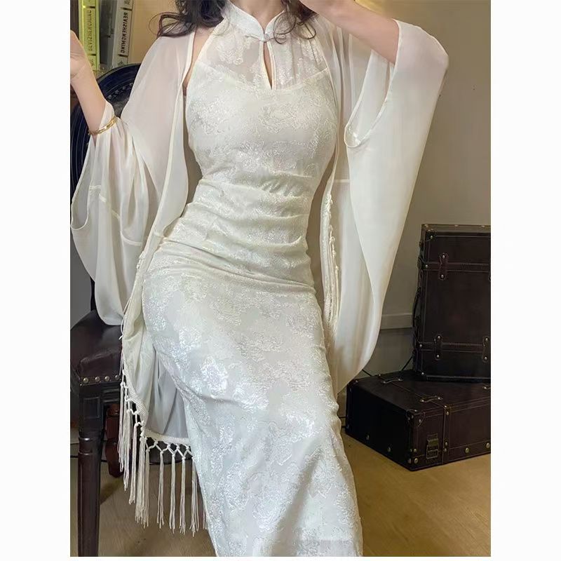 新しい中国風の改良されたチャイナドレスレースの女性の夏スリムシフォン美しいウエストカバーヒップロングスカートカーディガン日焼け止め|undefined