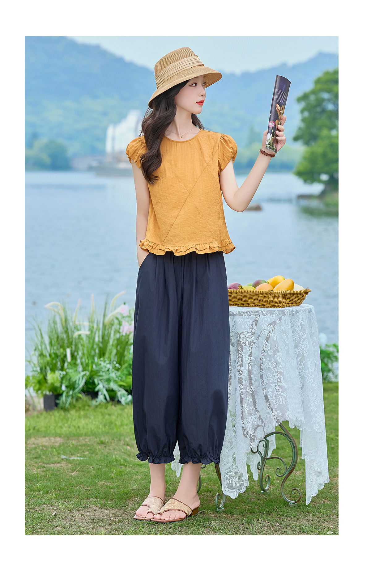 Bộ áo thun cổ tròn tay ngắn + quần ống rộng nữ 2 món mùa hè — màu sắc, màu xanh hồ chi tiết 18