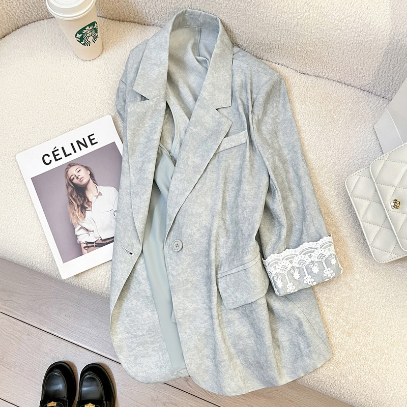 Blue High-End Thin Suit Jacket for Women 2026 Summer New Casual Versatile Commuter Trendy Lace Blazer