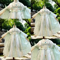 Новый костюм Hanfu в сказочном стиле для детей, девочек и детей старшего возраста, весенне-летний древний костюм в китайском стиле с элегантной тяжелой вышивкой, полный комплект на каждый день.