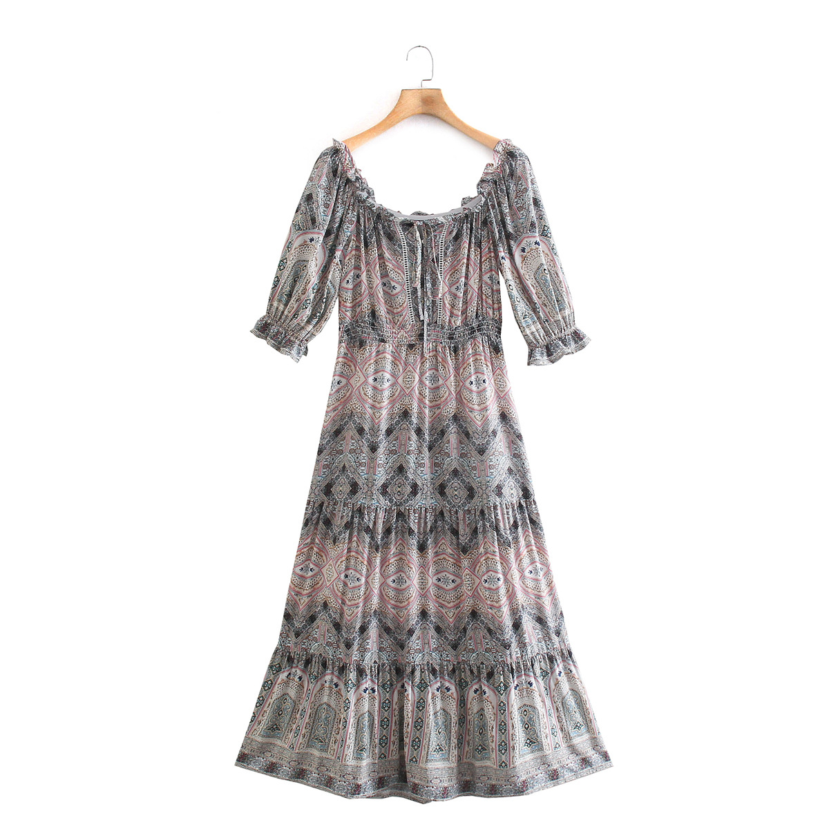 Short-Sleeved Round Neck Lace-Up Printed Dress NSBRF101655