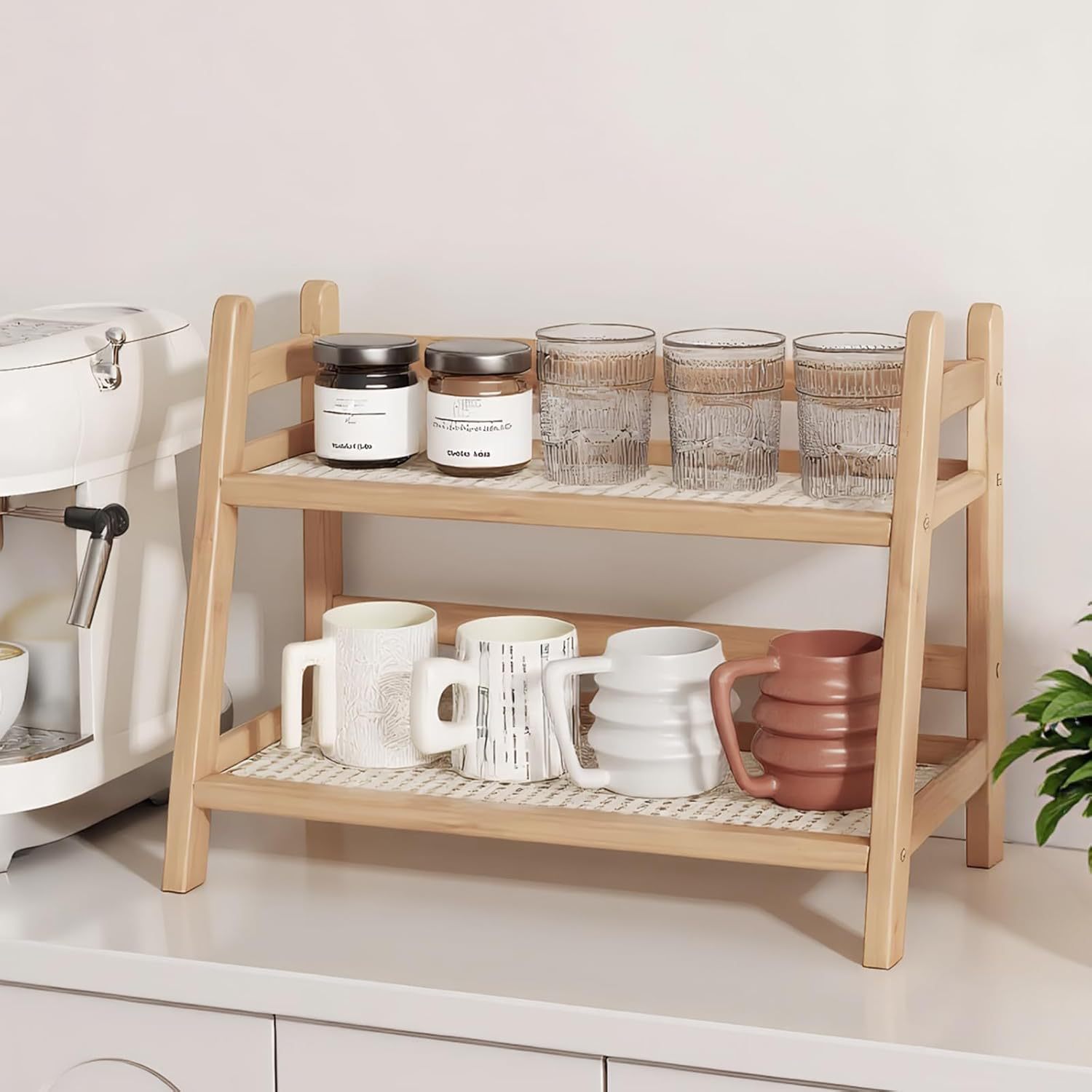 Coffee Storage Bamboo Accessories Two-Tier Shelf Kitchen Storage Cabinet Organizer Bathroom Rack Coffee Cup Holder
