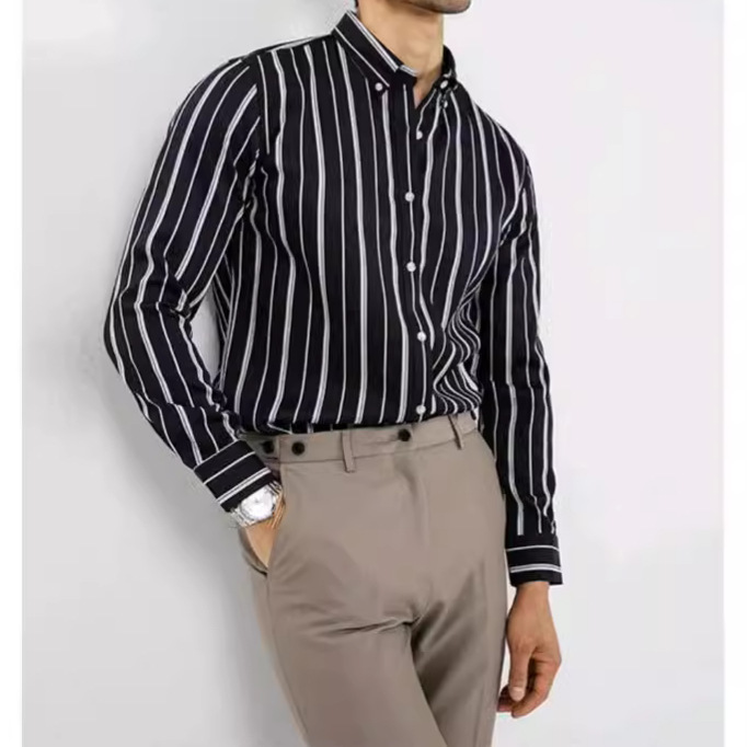 Spring and Autumn European and American Striped Long-sleeved Shirt Men's Dress Business Men's Wrinkle-resistant Non-ironing Light Cooked Casual Shirt