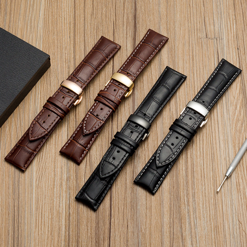En stock primera capa correa de piel de vaca mariposa hebilla reloj de cadena accesorios caja de regalo correa de reloj de cuero genuino fábrica al por mayor