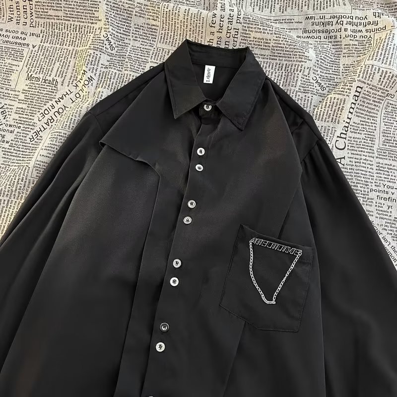 Erkek Zincir Detaylı Uzun Kollu Sokak Giyimi Gömlek Büyük Boy Düğmeli, Çıkarılabilir Aksesuarlı Gömlek (Siyah/Beyaz, M-3XL)_voghion.com