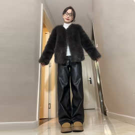 辣妹复古垂感皮裤女秋冬新款高腰显瘦阔腿皮裤宽松小个子休闲裤