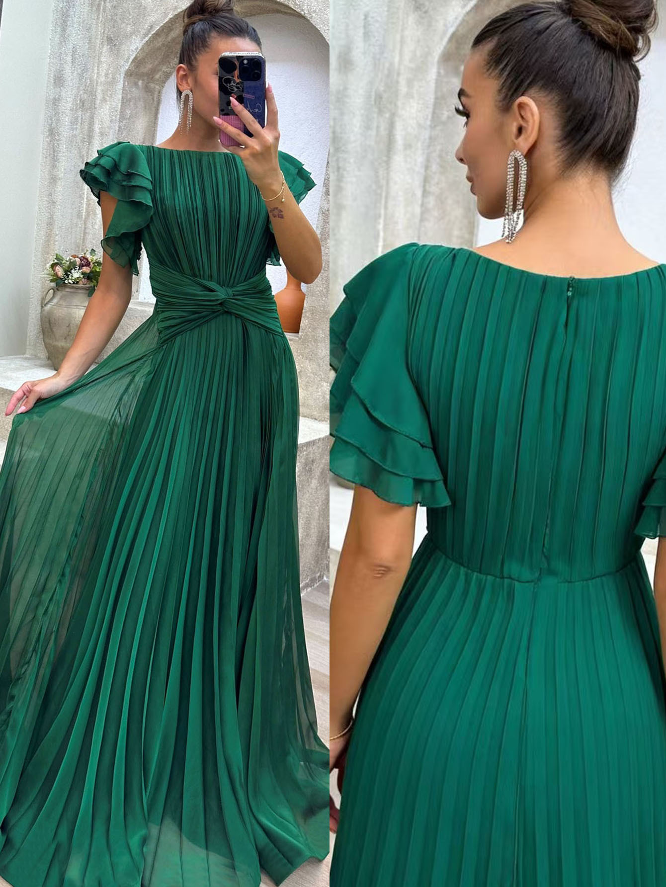 661W New European And American Fashion Women's Mid-Waist Slimming Long Pleated Dress, Large Hem Gown_ecoleips.com