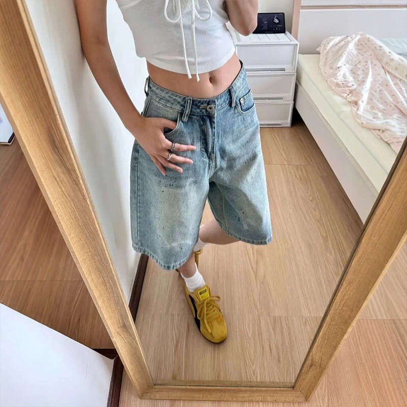 Vintage Ink-Splattered Washed Blue Denim Shorts for Women 2026 Summer New Casual Commuter Loose Versatile Five-Point Pants Vintage Ink-Splattered Washed Blue Denim Shorts for Women 2026 Summer New Casual Commuter Loose Versatile Five-Point Pants
