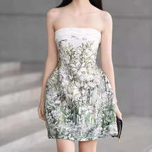 越南小众女装2024夏季仙子印花抹胸高腰连衣裙短裙小个子度假1718
