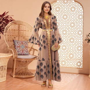 Entu 3014 Middle East Arabian Dubai Robe Fashion Dress Mesh Embroider Export Cross-Border E-Commerce