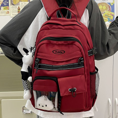 日系ins原宿風復古キャンパス中学高校の学生ランドセル大容量ワインレッド工装風バックパック