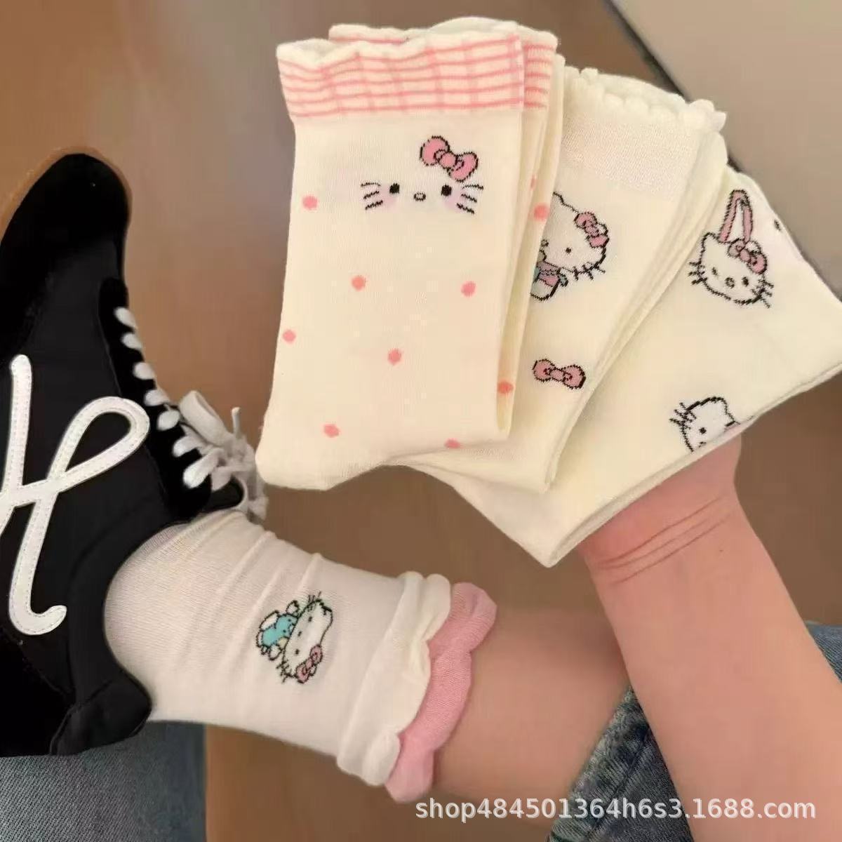 Summer Thin Kt Cat Socks for Women, Mid-Calf Socks, Ins Japanese Style Sweet Cartoon Lace Long Socks, White Long Socks for Women