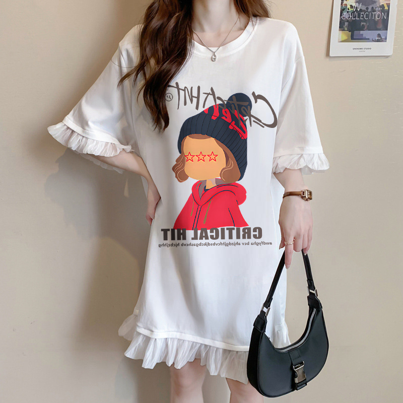 Pure Cotton Short-Sleeved T-Shirt for Women in Summer, Loose, Fashionable and Versatile, Mid-Length, Slimming Look, Belly-Covering Lace Splicing T-Shirt Skirt Ins