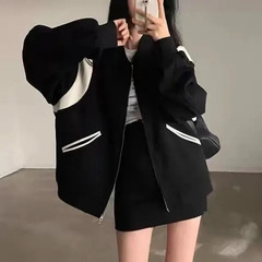 アメリカのレトロなベルベットはカーディガンの野球服を厚くして、女性の秋冬の新商品のchiはゆったりしています。