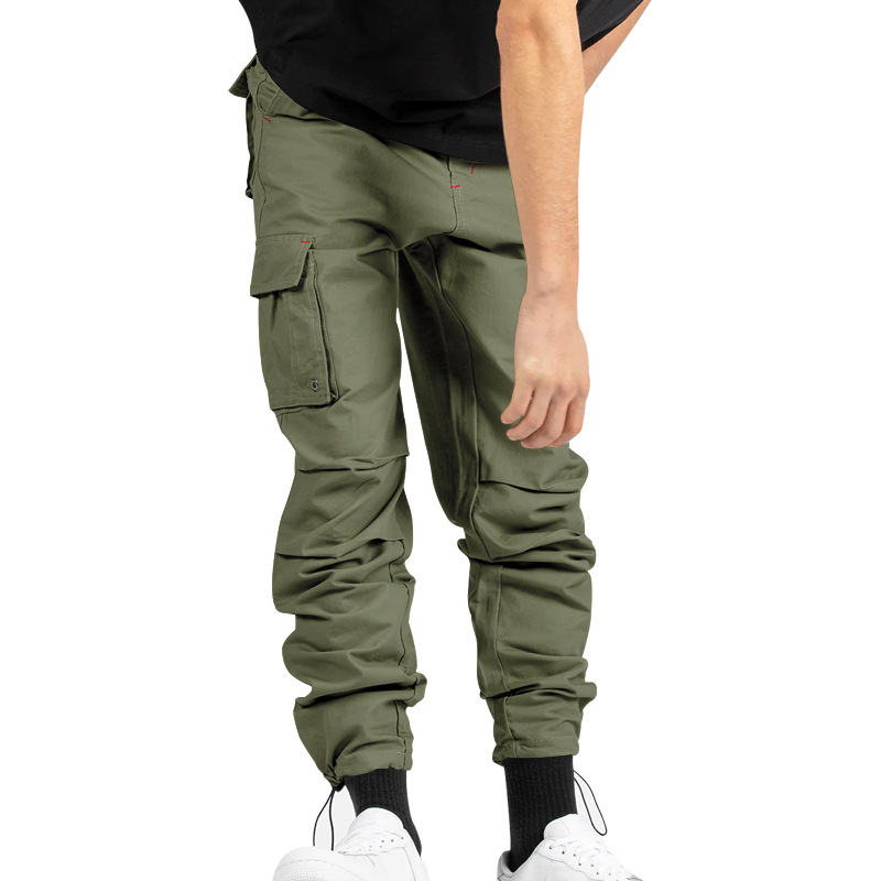 Herrenbekleidung Gewebte Stoffhose mit Kordelzug und mehreren Taschen, einfarbig, lässige Arbeitshose_voghion.com