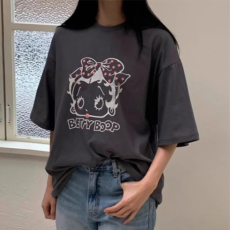 200g Betty Boop Mid-Length Pure Cotton Short-Sleeved T-Shirt 2024 Summer New Ins Top Korean Style