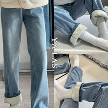 美式复古大码胖mm时尚百搭显瘦高腰加绒加厚牛仔裤女潮流直筒裤韩