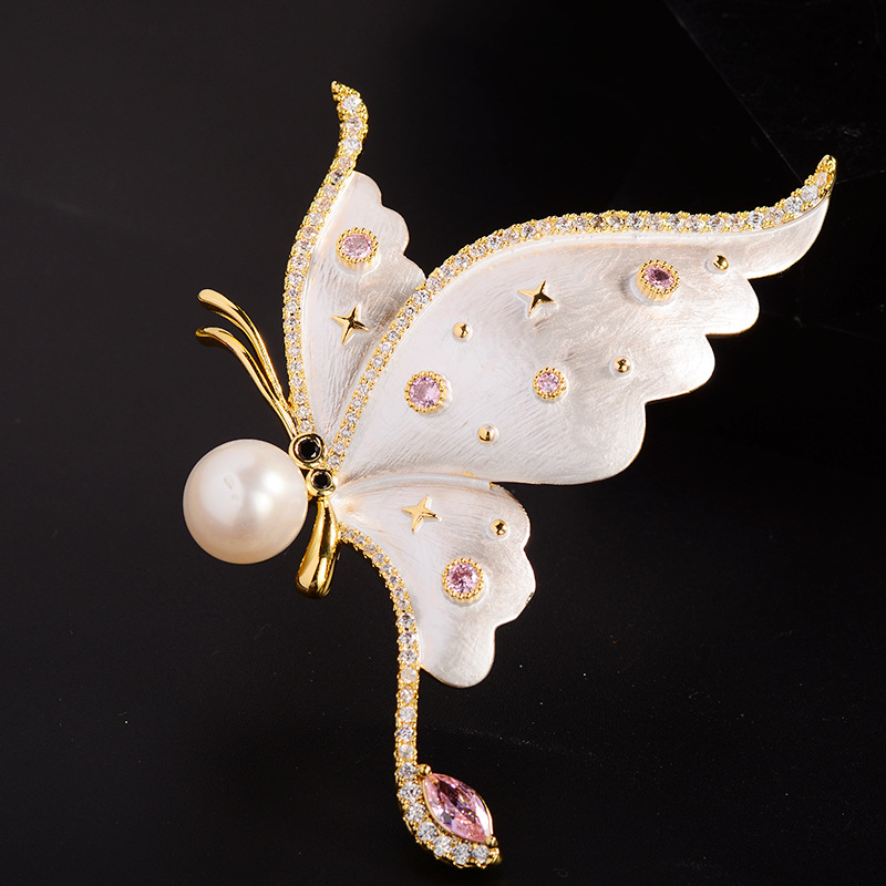 Brooch for Women, Classy Enamel Butterfly Brooch, Pearl Fashion Suit Hat Accessories Insect Pin