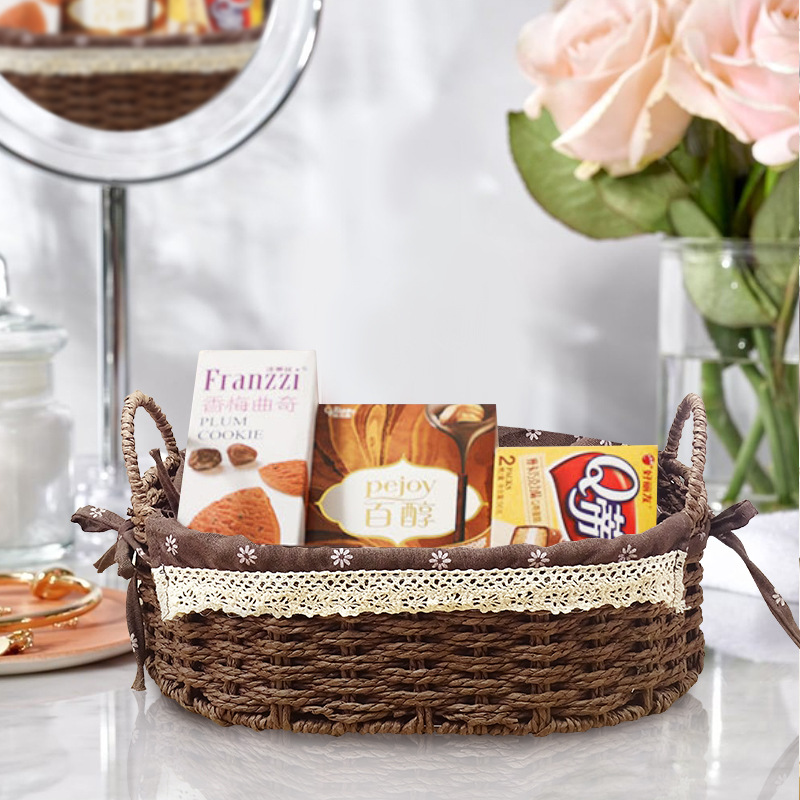 Snack & Sundries Storage Box, Paper Rope & Rattan Woven Basket, Oval Fabric Desktop Toy Organizer