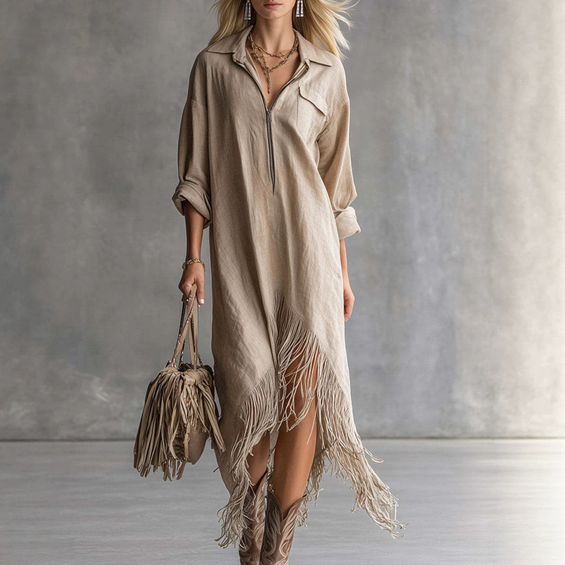 Cross-border European and American 2026 Autumn New Bohemian Style Vintage Loose Irregular Hem Tassel Dress