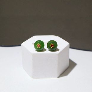 Jin Yutang Xinjiang Hetian Jasper Earrings 18k Heavy Gold Inlaid with Bright Color Jade Oil and Fine