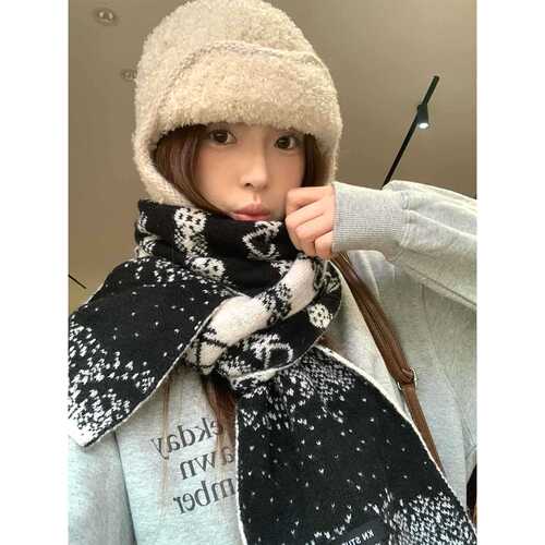 Sheep Wool Korean-style Double-Sided Brocade Knitted Scarf for Women - Winter Thick Warmth-Blocking Neck Protection and Keeping Warm Small Scarf