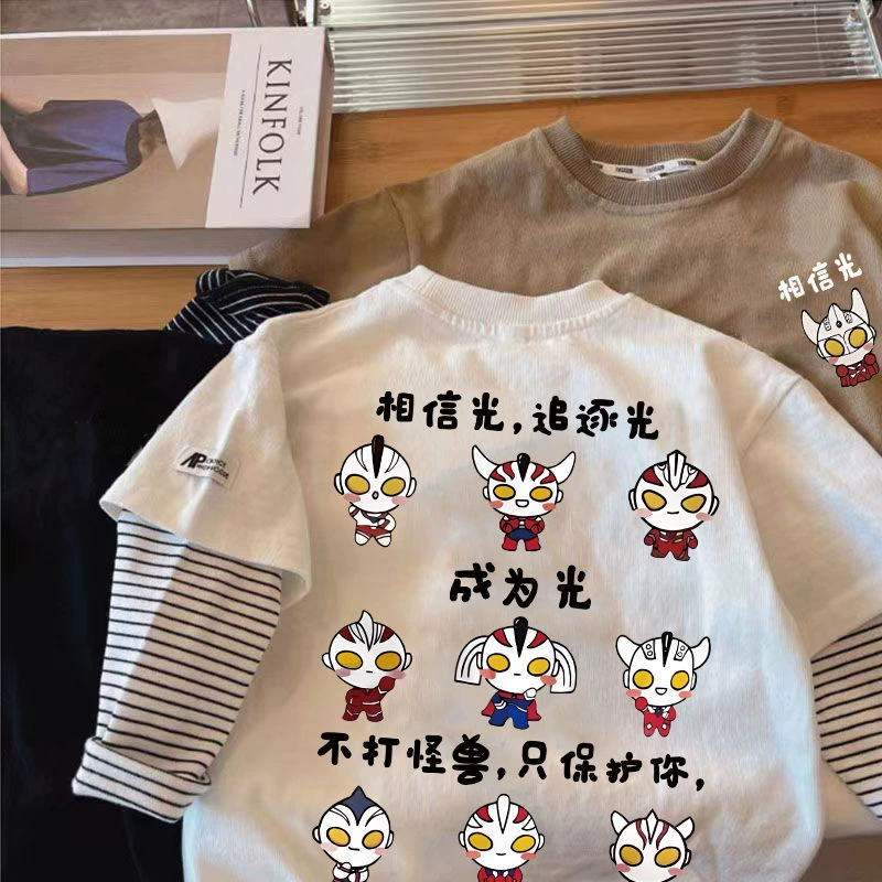 Ultra, autumn cotton T-shirt for boys, long-sleeve, children's set, base body-friendly Ultraman Tiga