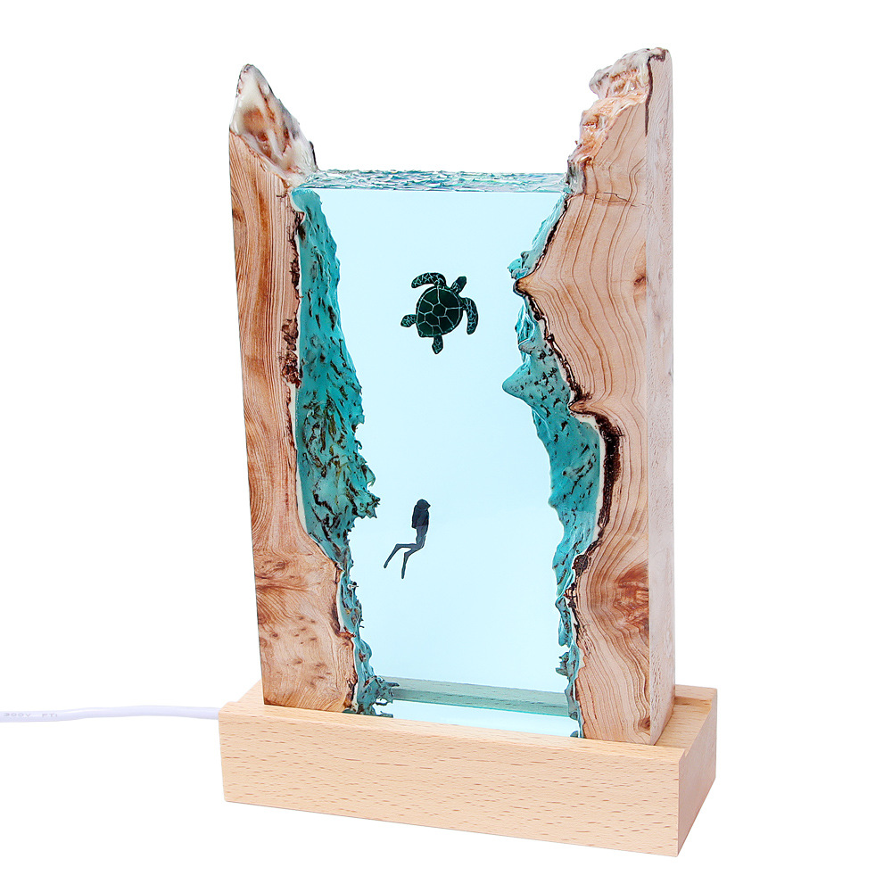 Ocean Cave Diver Home Desktop Ornament Lamp Holder Solid Wood Resin Night Light Gift Decoration Creative Lighting