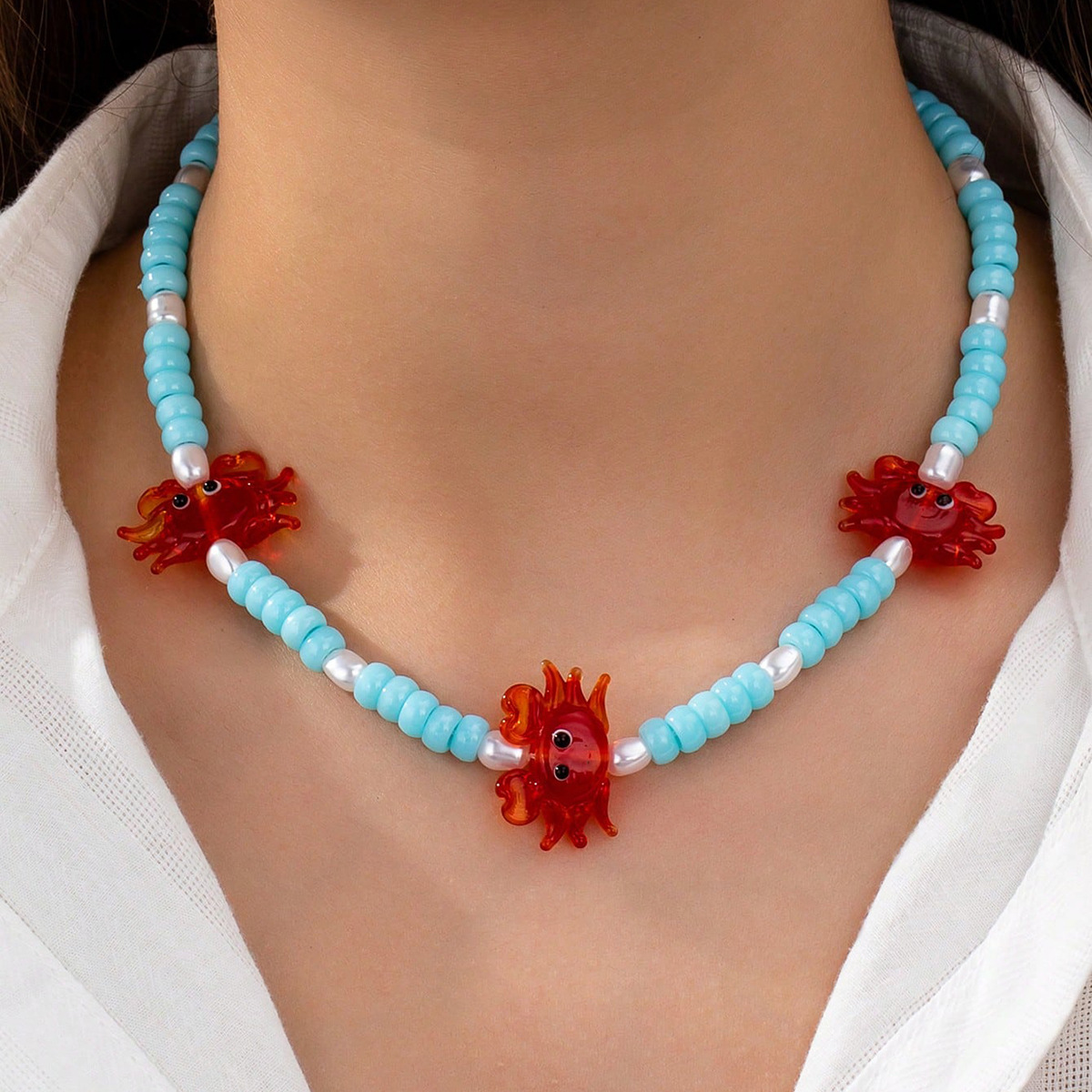 Glass Chain Material Beaded Chain Chain Type Cute Marine Style Crab Glass Beaded Chain Lobster Trigger Clasp Closure Beaded Necklaces Wholesale