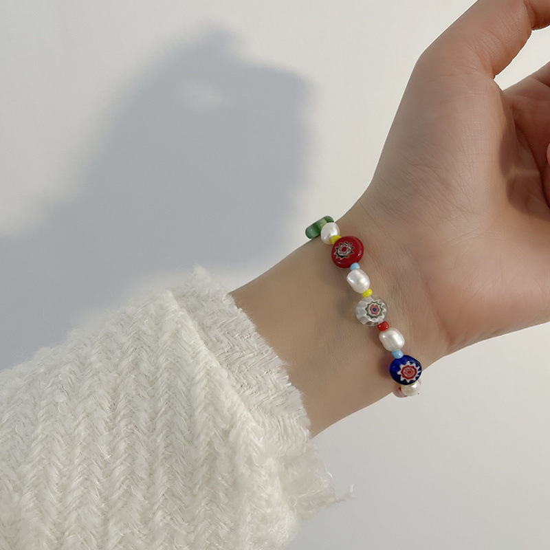 Vacation Flower Imitation Pearl Glass Copper Bracelets