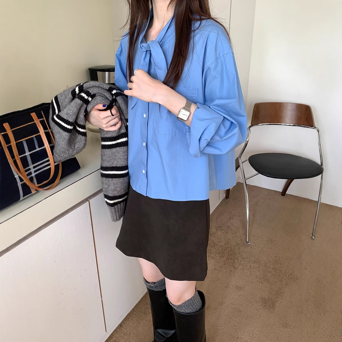 Weisong Miu Series Scarf Collar Blue Long-Sleeved Shirt for Women, New Autumn Korean Style Loose Fit Petite Shirt Top
