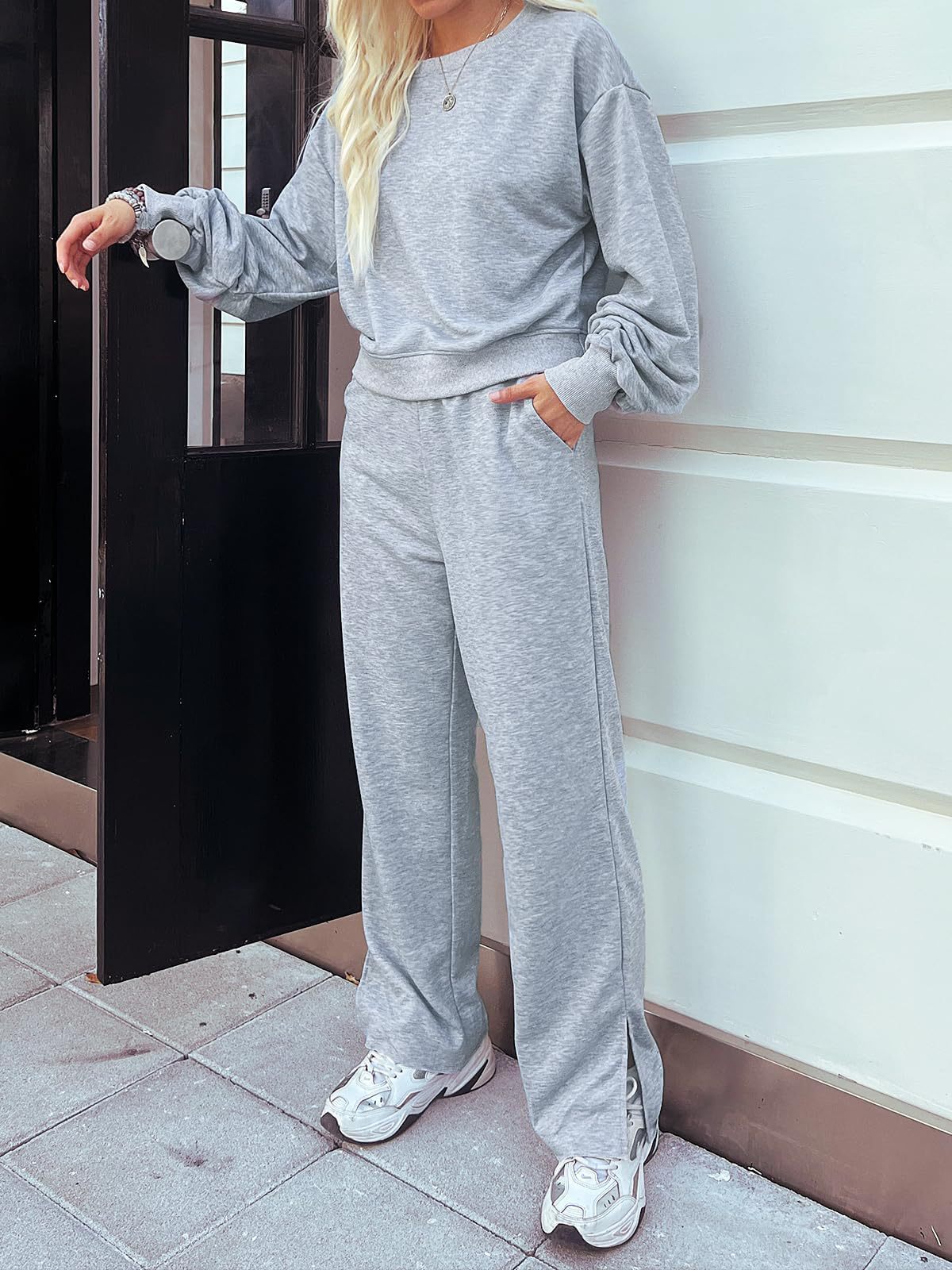 Conjunto Deportivo con Cuello Redondo Set de 2 Piezas de Poliéster de Manga Larga