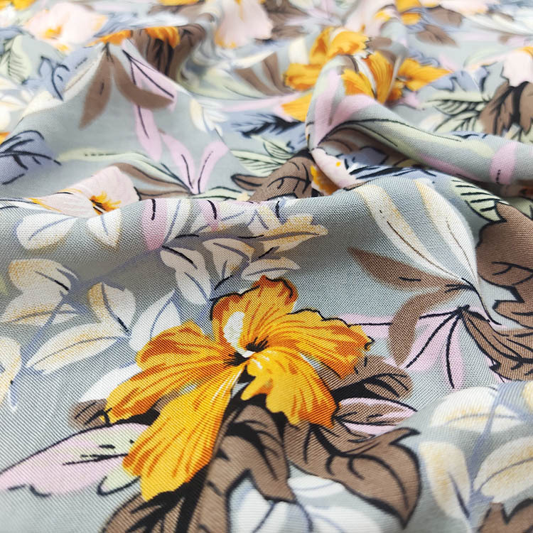 Nuevo diseño de estilo suave tejido de planta tropical 145cm 100% rayon impresa camisa cara