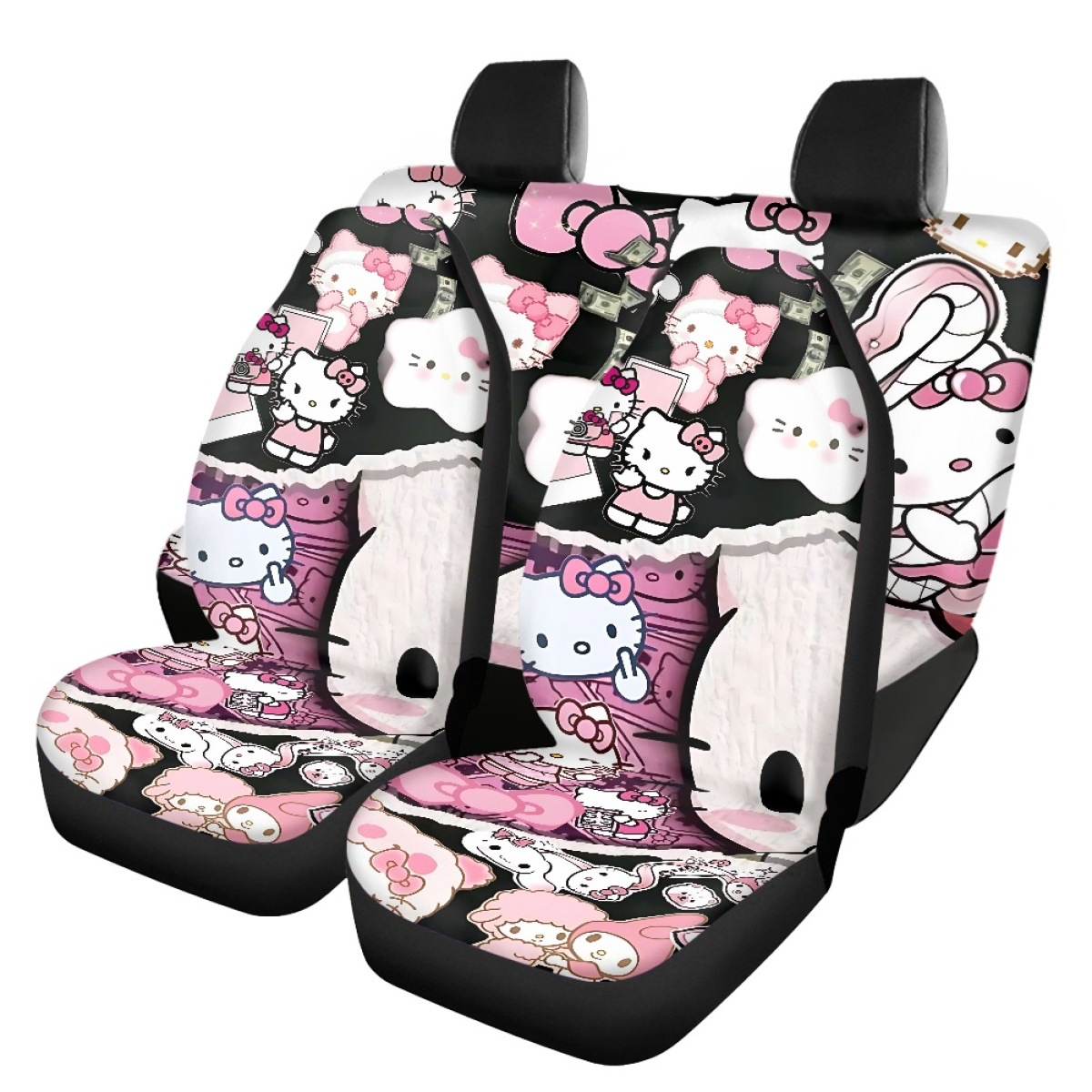 Custom-made car seat covers for independent online stores, featuring a coffee-colored leopard print and a Kitty cat design, to protect both the front and rear seats