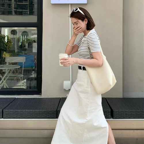 European and American classic niche tote bag genuine leather top layer cowhide bucket bag pebbled leather large capacity shoulder bag