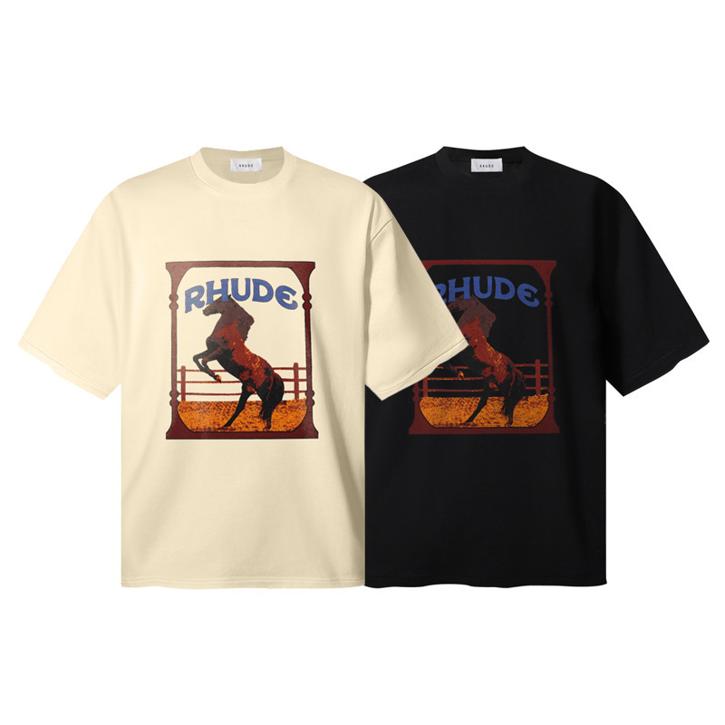 American Trendy Rhude Gothic Letter Badge Print High-Weight Double Yarn Pure Cotton Casual Round Neck Short-Sleeve T-Shirt for Men and Women