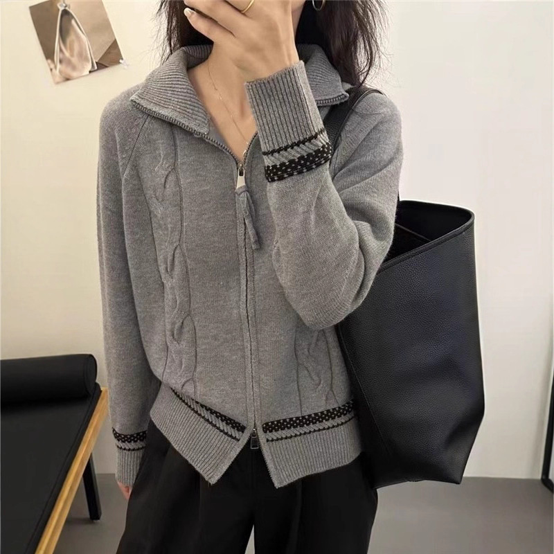 秋装设计感拉链灰色毛衣针织开衫外套针织衫女2025新款高级感上衣|undefined