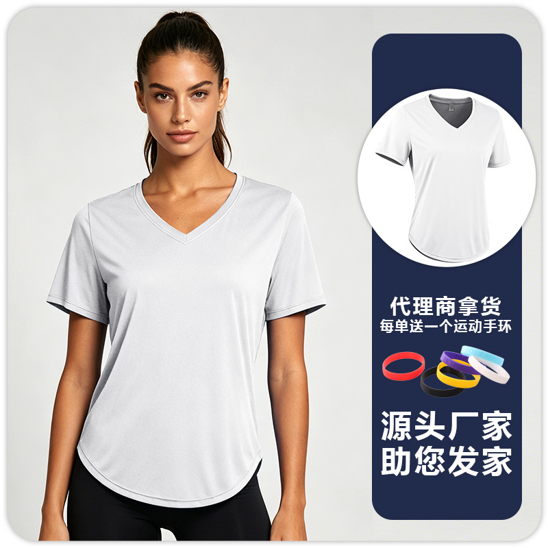 T-shirt de yoga de acondicionamiento físico para mujeres, protector solar, absorción de humedad, sudor, secado rápido, transpiración, correr, cuello en V, mangas cortas