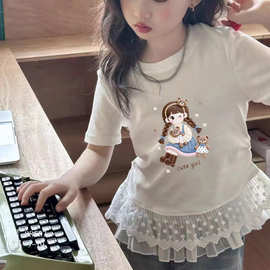 纯棉款童装女童短袖夏季新款短袖儿童蕾丝花边T恤半袖上衣仿绣花