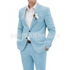 亚马逊爆款外贸新款男士大码西服套装两件套两粒扣亚麻纯色跨境