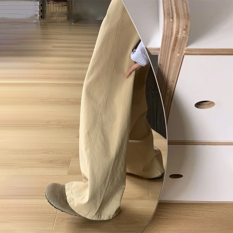 2025 New American Retro Belted Khaki Wide-Leg Jeans for Women High-Waisted Loose Slimming Draped Casual Pants