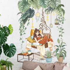 Fresh green plant girl decorative stickers bedroom sofa single dormitory background wall stickers waterproof removable wall stickers
