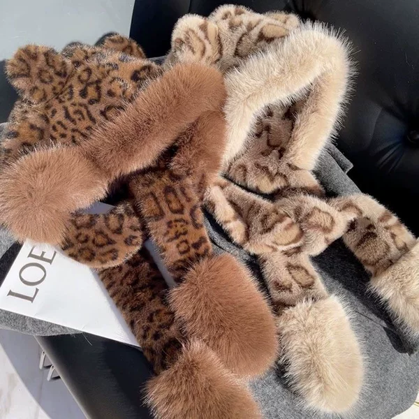 Winter Women's Hat Korean Style Scarf Integrated Leopard Print Ear Flaps Faux Fox Fur Wind and Snow Hat Plush One-Piece Hat for Cold Protection