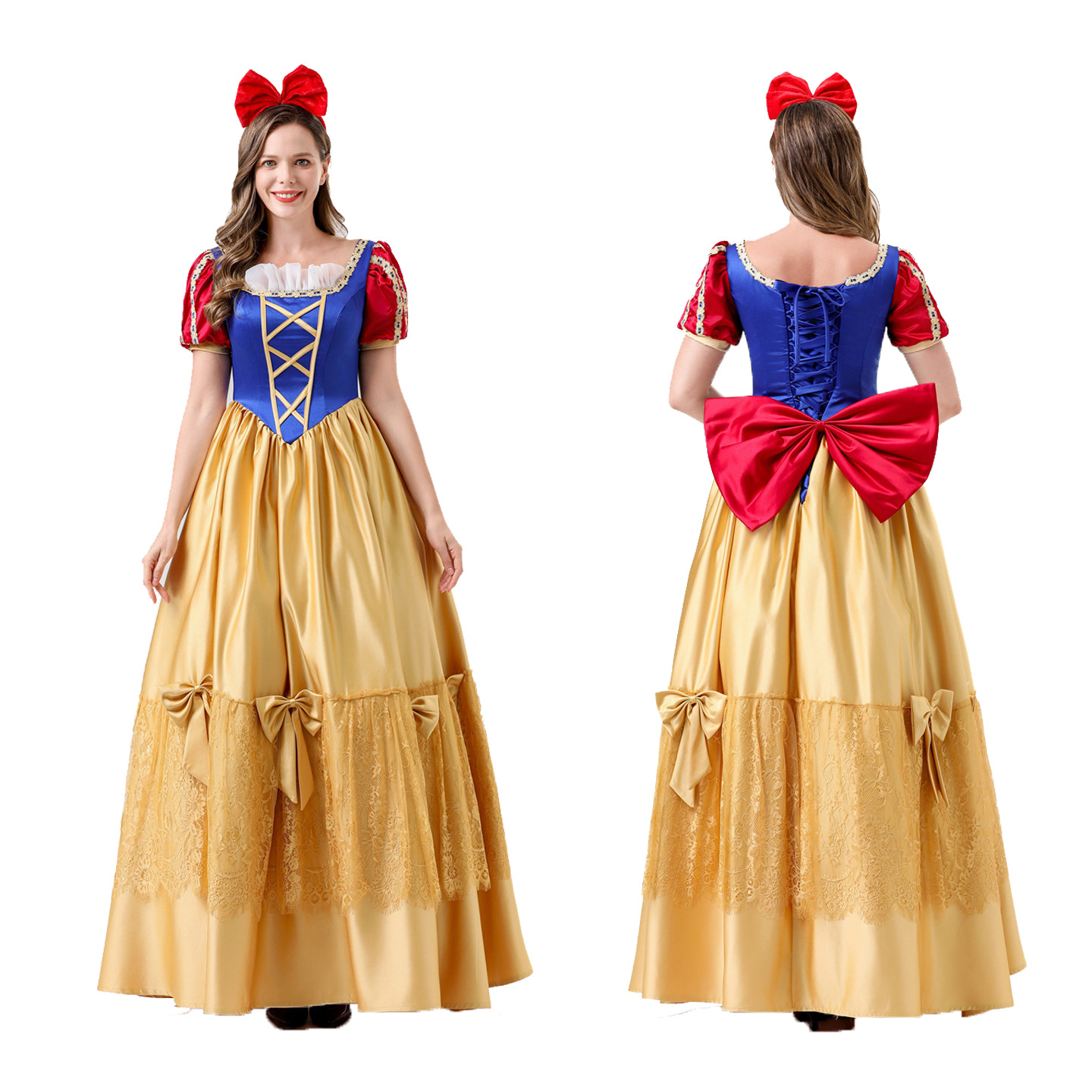 New Halloween Adult Deluxe Snow White Cos Masquerade Cosplay Long Dress Fairy Tale Princess Dress